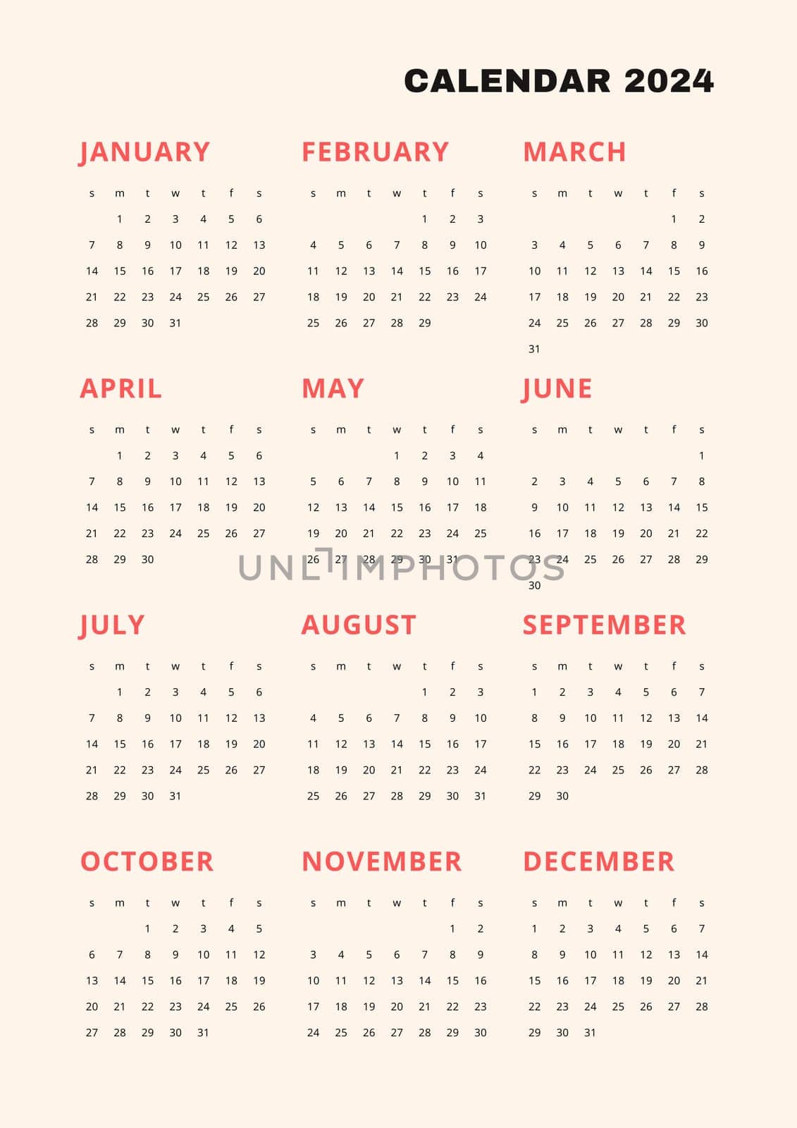 Beige vertical calendar for 2024. modern minimalistic 2024 Calendar for year