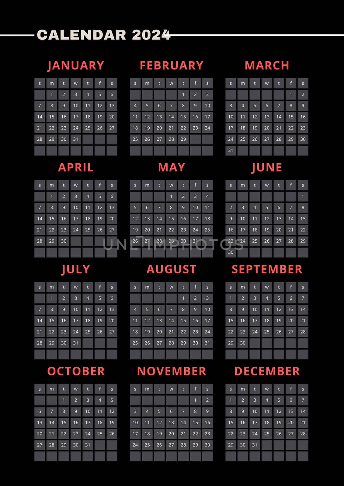 Black vertical calendar for 2024. modern minimalistic 2024 Calendar for year