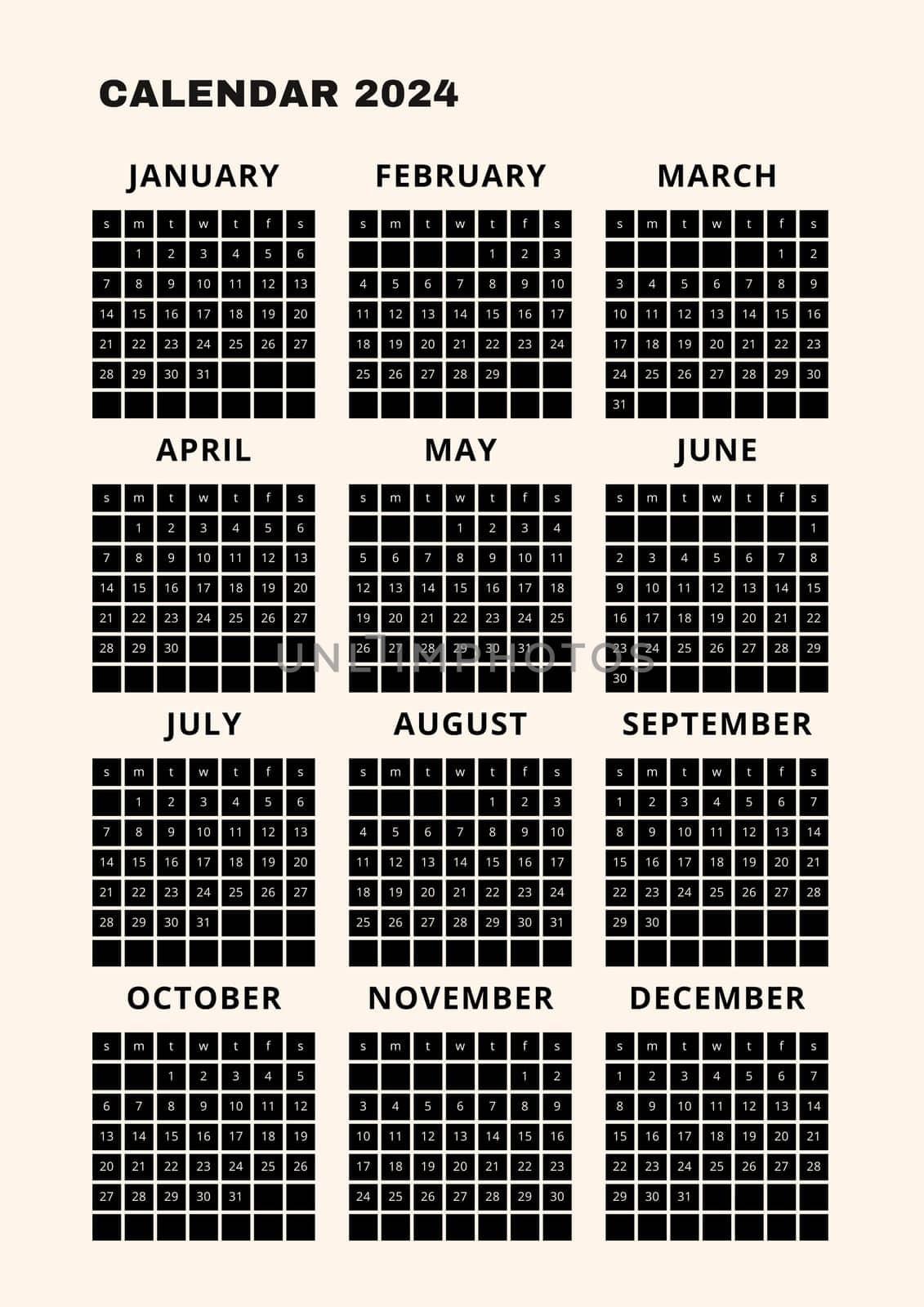 Beige and black vertical calendar for 2024. modern minimalistic 2024 Calendar for year