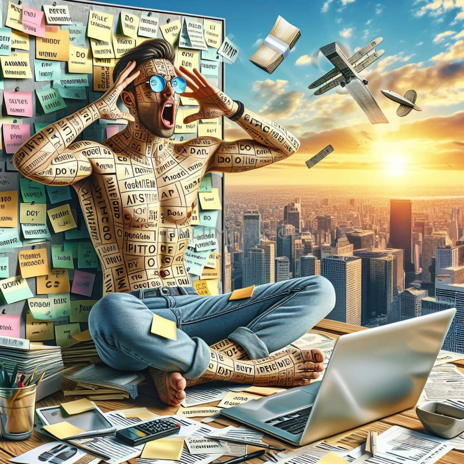 a stressed man covered of post it notes in lotus yoga position relaxing at the office by verbano