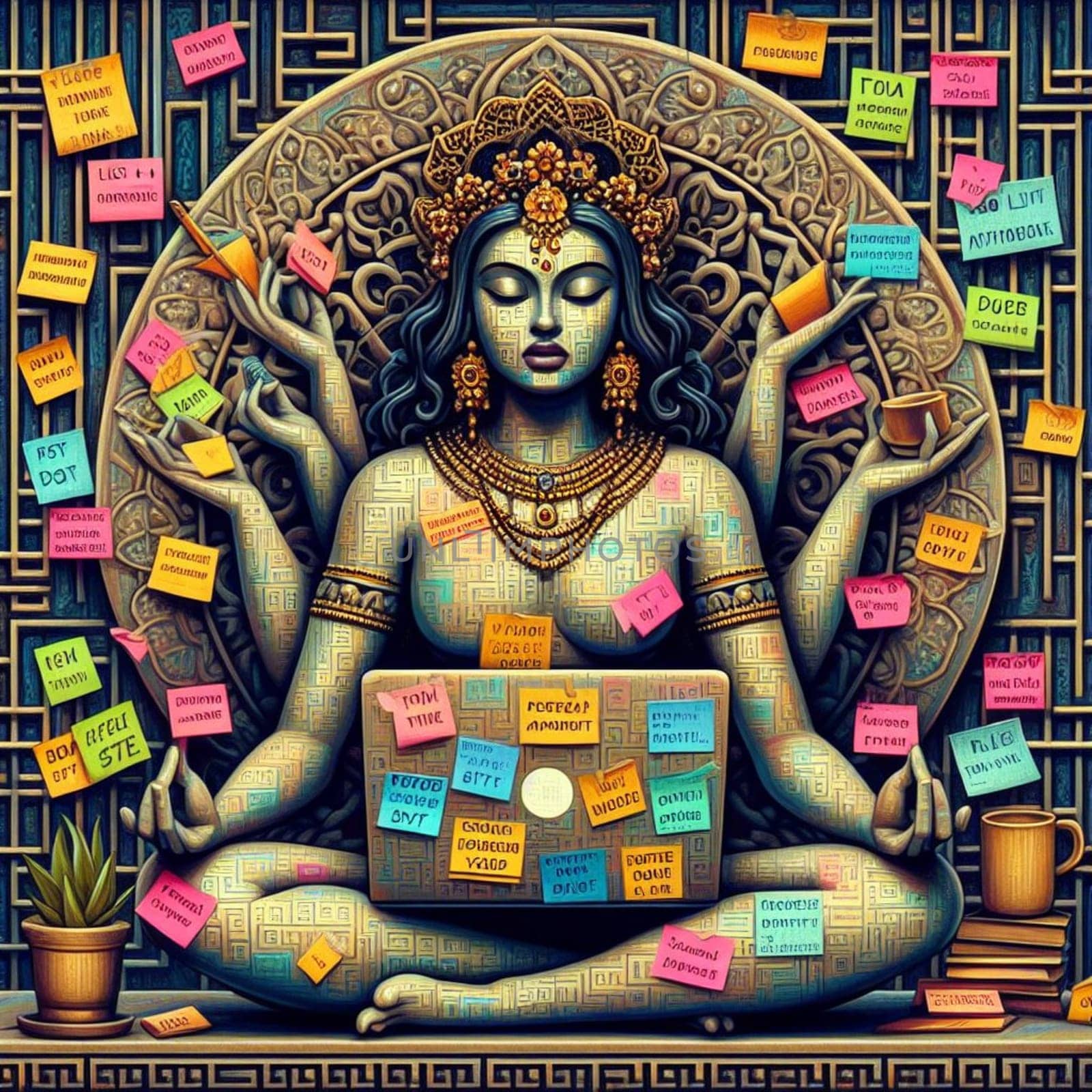 a stressed indian woman goddess covered of post it notes in lotus yoga position by verbano