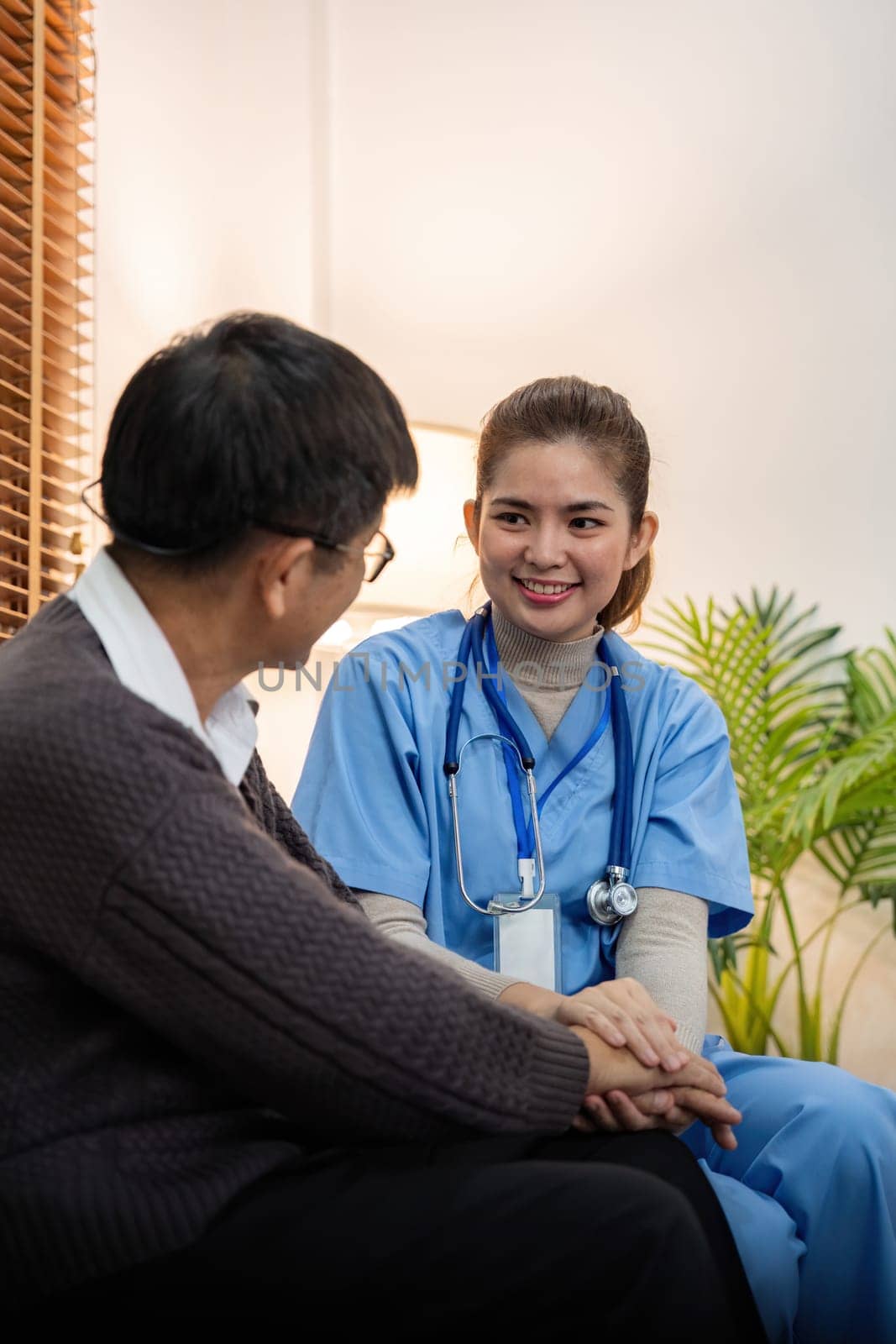 Nurse and doctor with senior patient, empathy and trust for surgery, psychology and healthcare consulting. Closeup psychologist, caregiver and volunteer support, help and hope of mental health.