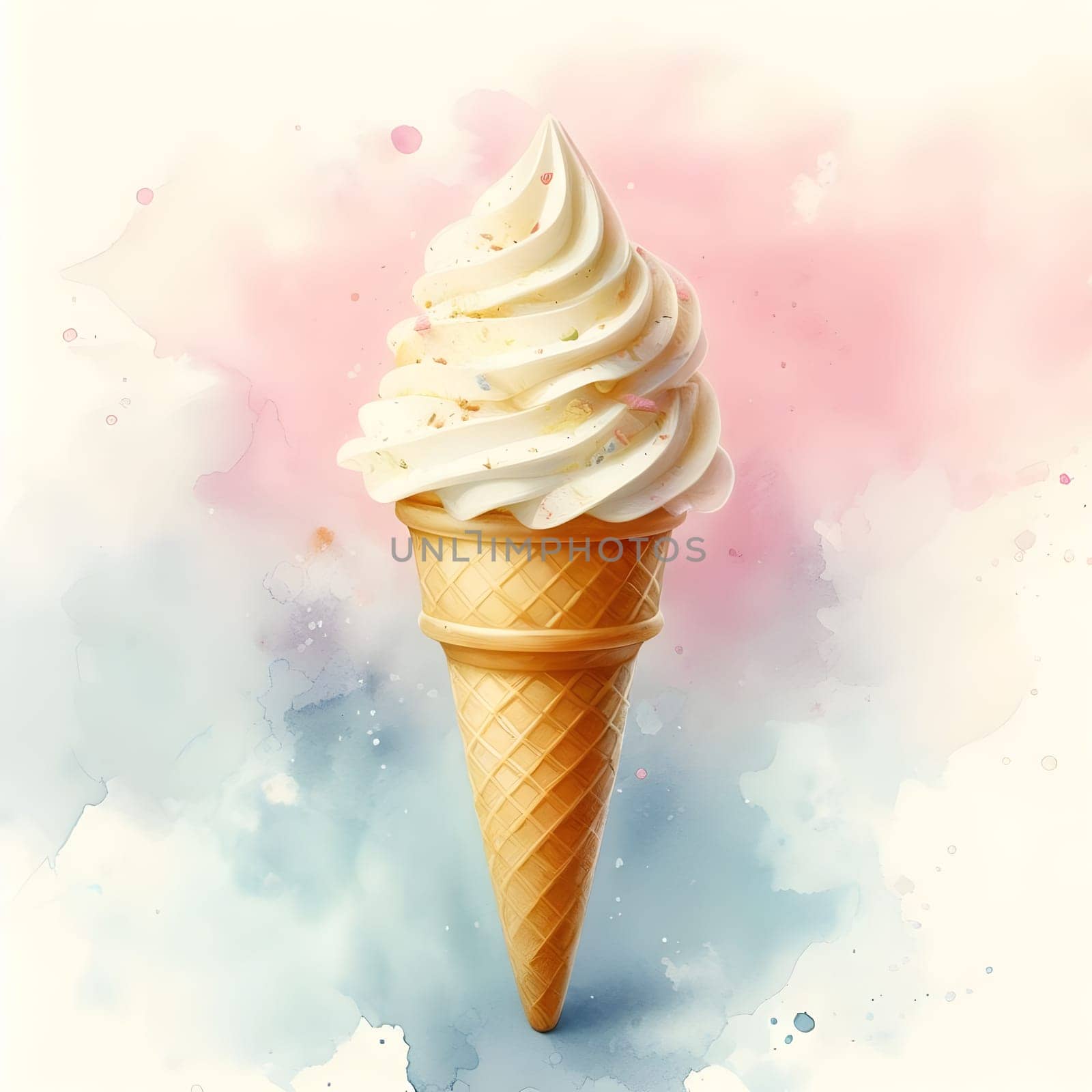 Vanilla cream ice-cream cone in watercolor background.