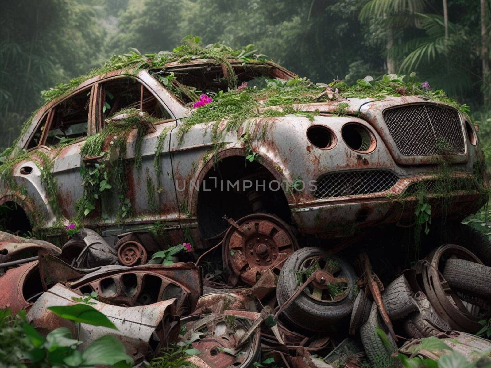 Abandoned rusty expensive atmospheric 4x4 suvas circulation banned for co2 emission 2030 agenda , severe damage, broken parts, plants overgrowth bloom flowers. ai generated