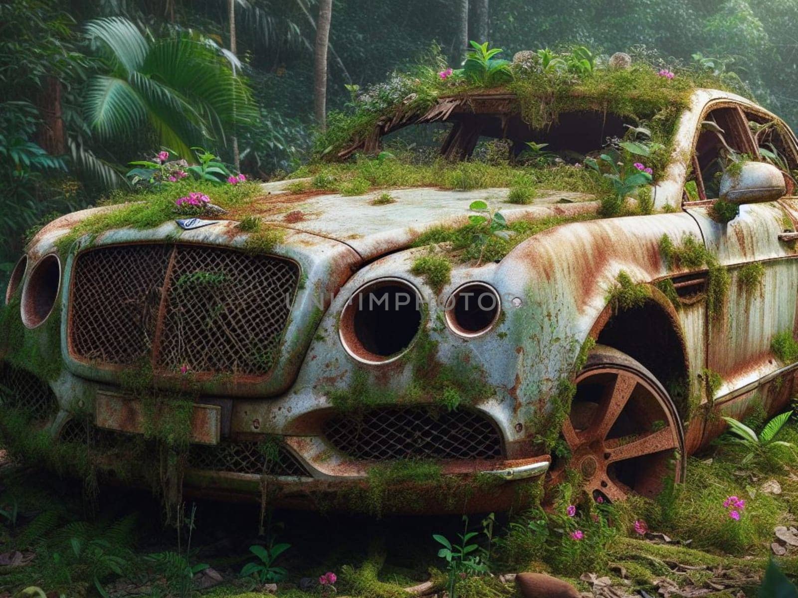 Abandoned rusty expensive atmospheric 4x4 suvas circulation banned for co2 emission 2030 agenda , severe damage, broken parts, plants overgrowth bloom flowers. ai generated