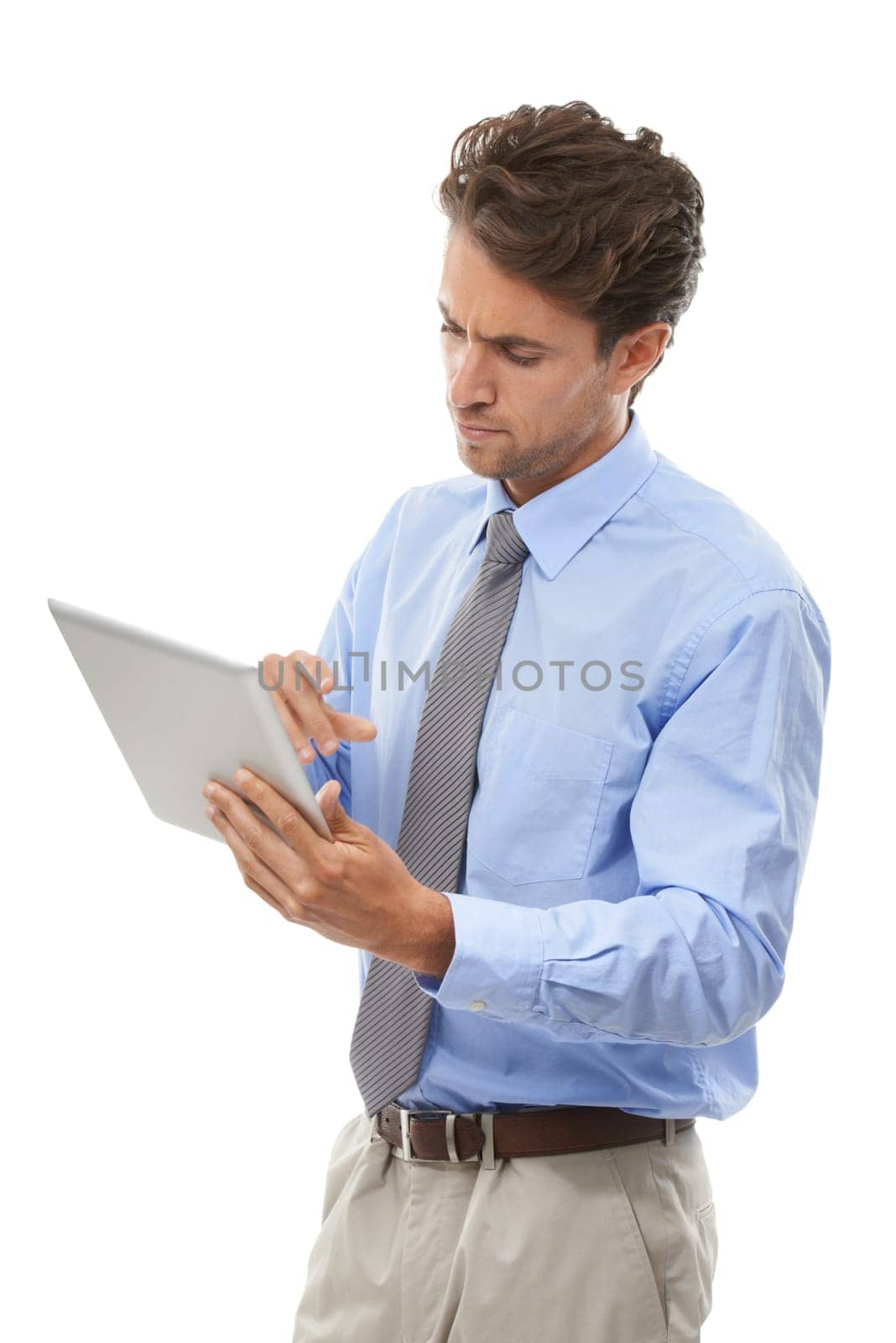 Businessman, tablet and thinking in research, schedule or communication against a white studio background. Man or employee on technology for online search, networking or social media in planning.