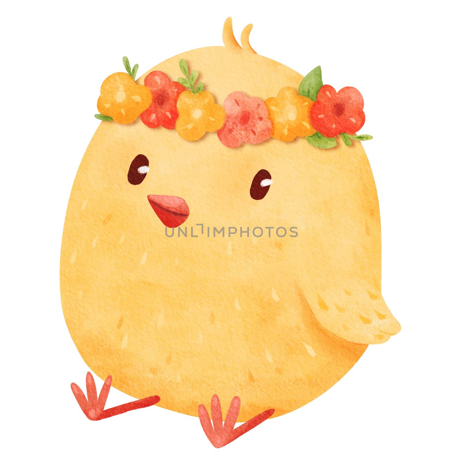 Charming, fluffy yellow chick sitting in a vibrant floral wreath. Cartoon-style illustration capturing the whimsical charm of a playful little bird. for conveying a cheerful and lively atmosphere.