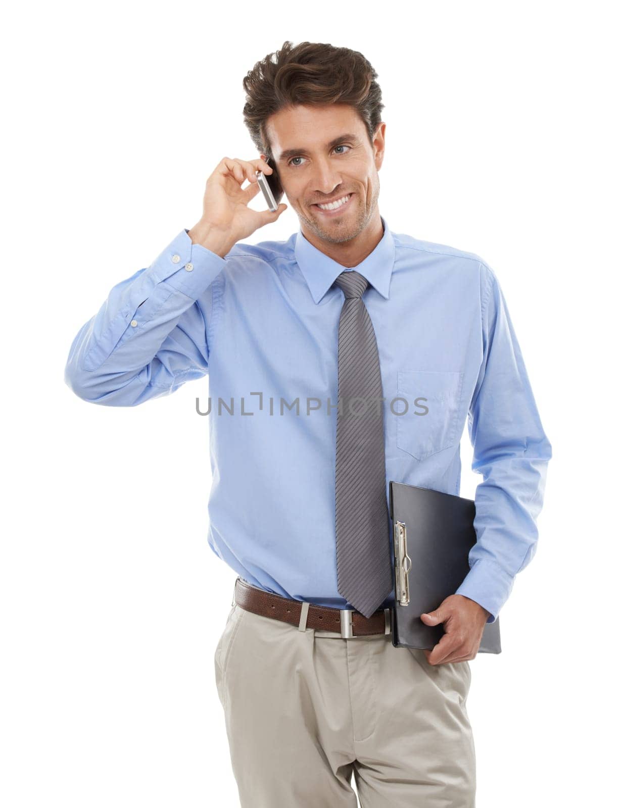 Happy businessman, phone call and discussion for communication or proposal on a white studio background. Man or employee smile and talking on mobile smartphone for business conversation on mockup.