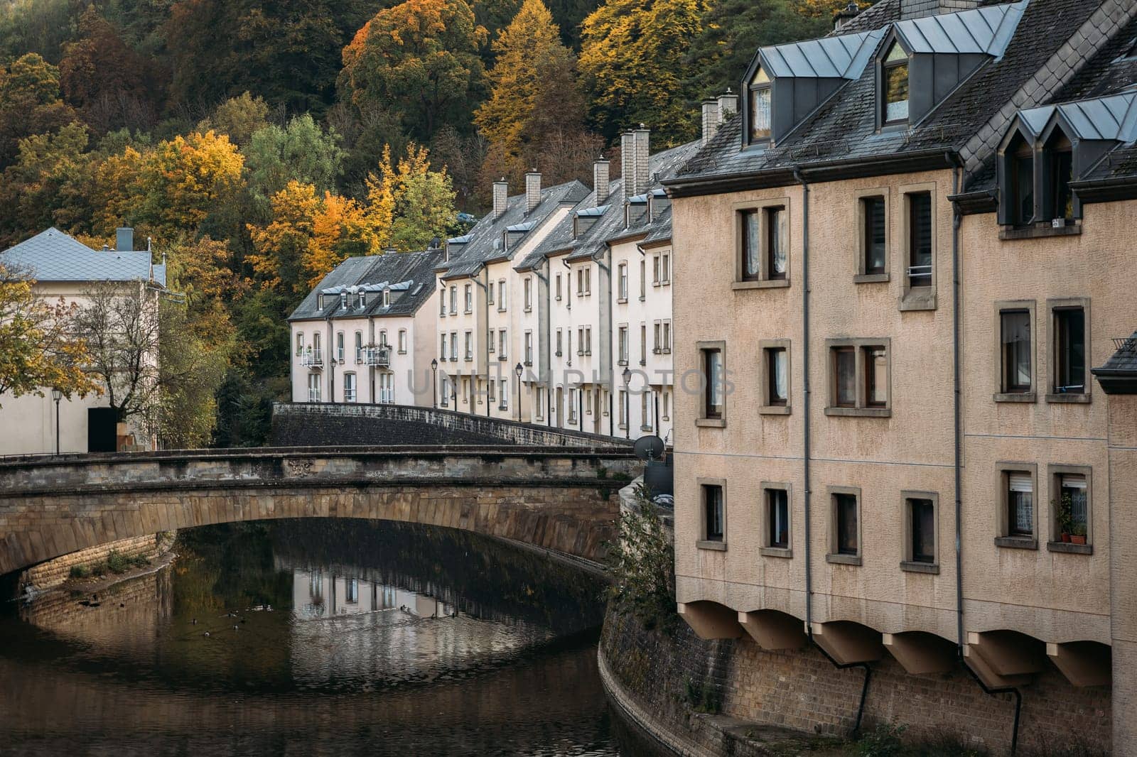 Antique buildings in old town with pedestrian stone bridge over small river. Old city located near forest on hill slope on riverbank in Luxemburg