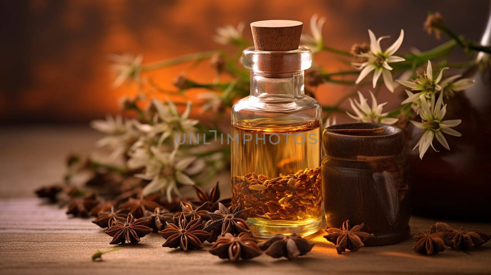 Star anise essential oil in bottle on wooden background. Generative AI by mila1784
