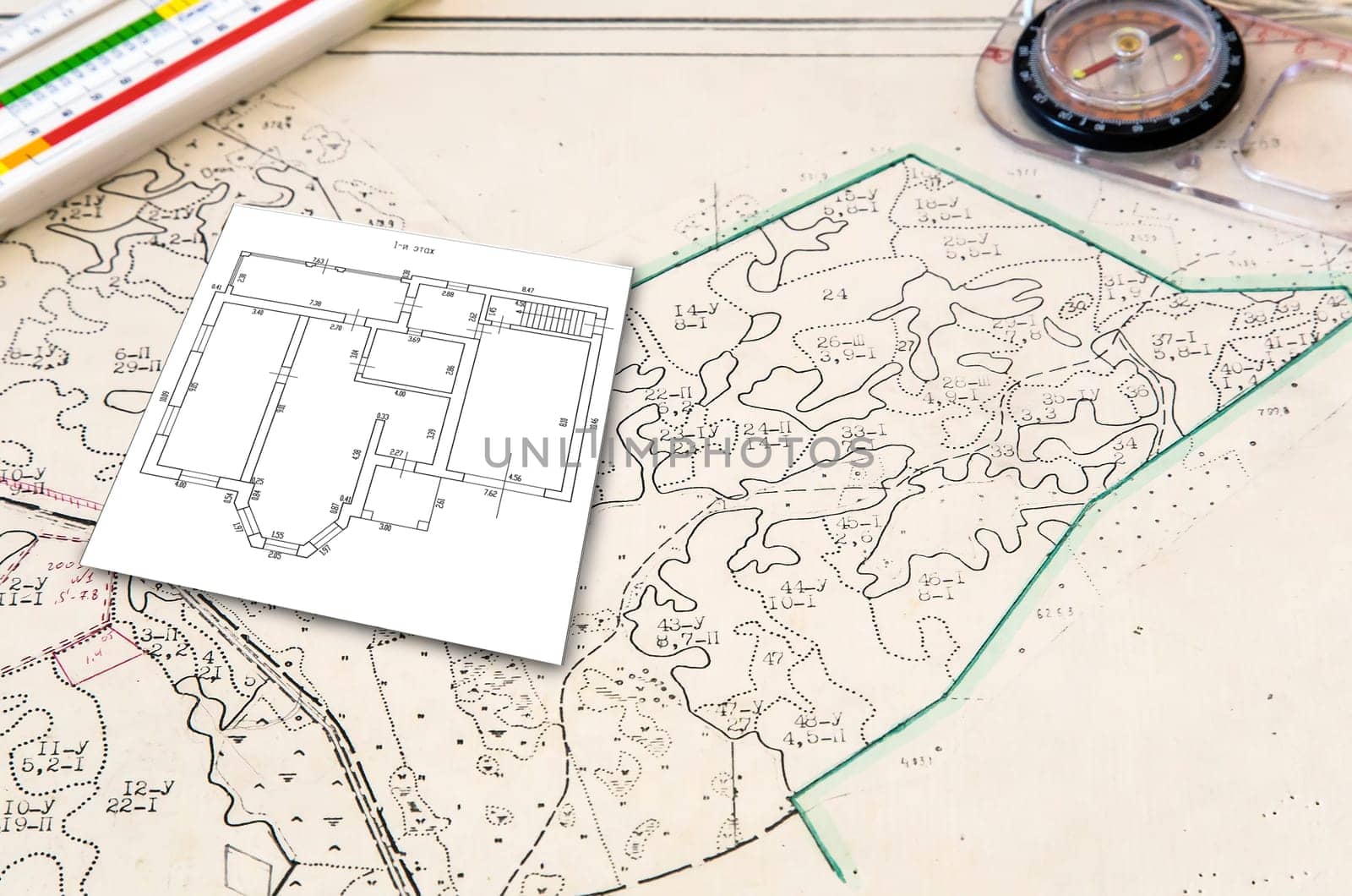 House design and plan of the land plot on the map. Near lie tools: compass, ruler.