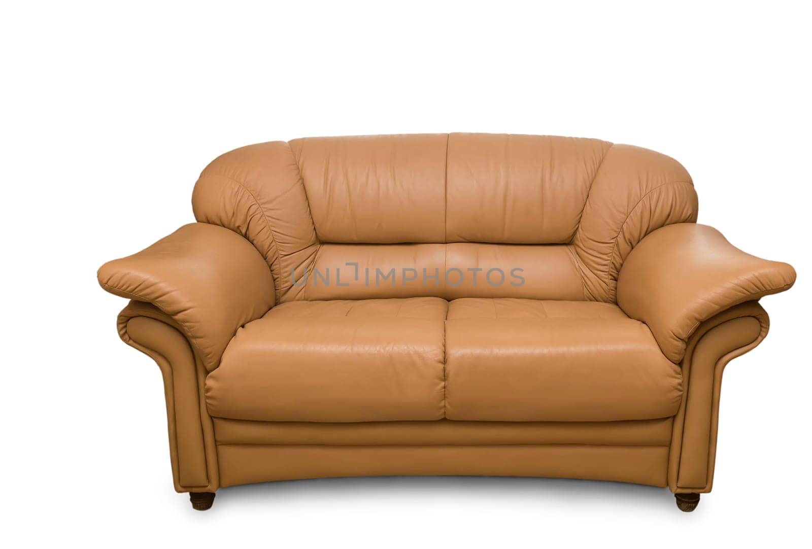 Small convenient leather sofa. Presented on a white background.