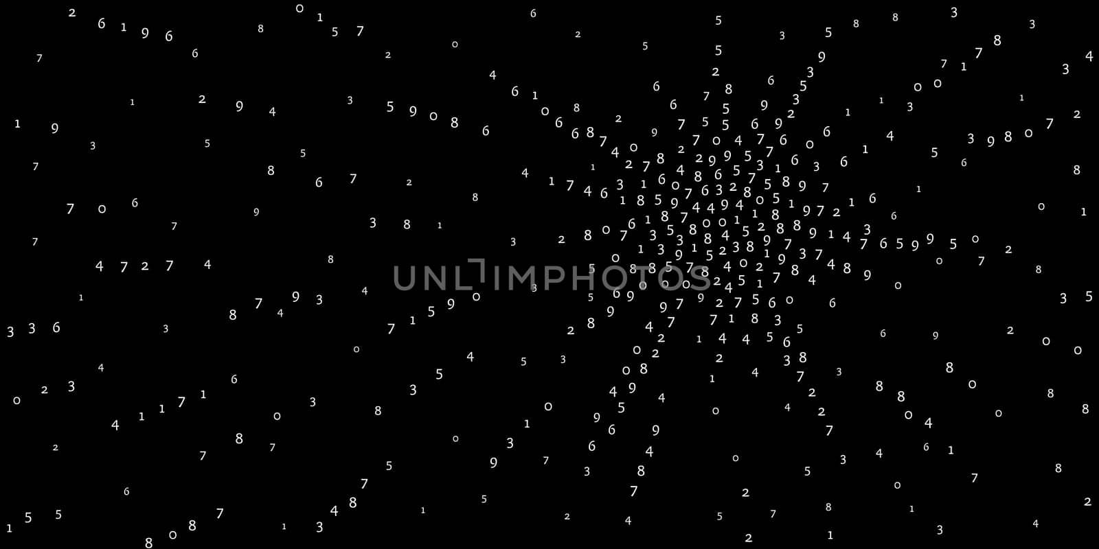 Falling numbers, big data concept. Binary white orderly flying digits. Extraordinary futuristic banner on black background. Digital illustration with falling numbers.