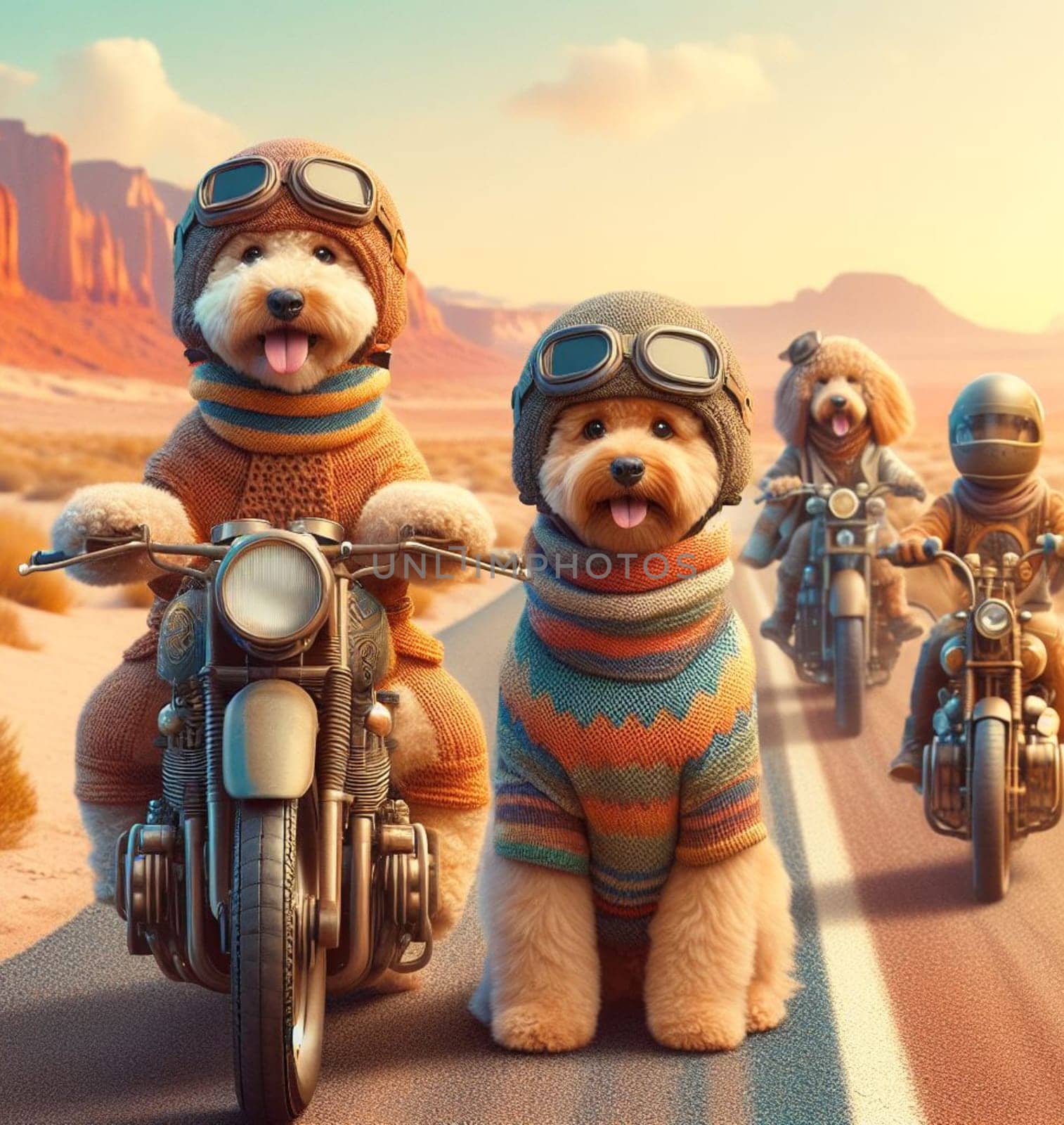 labradoodle dogs gang riding hot rod steampunk motorcycles wearing ponchos in desert road art ai generated