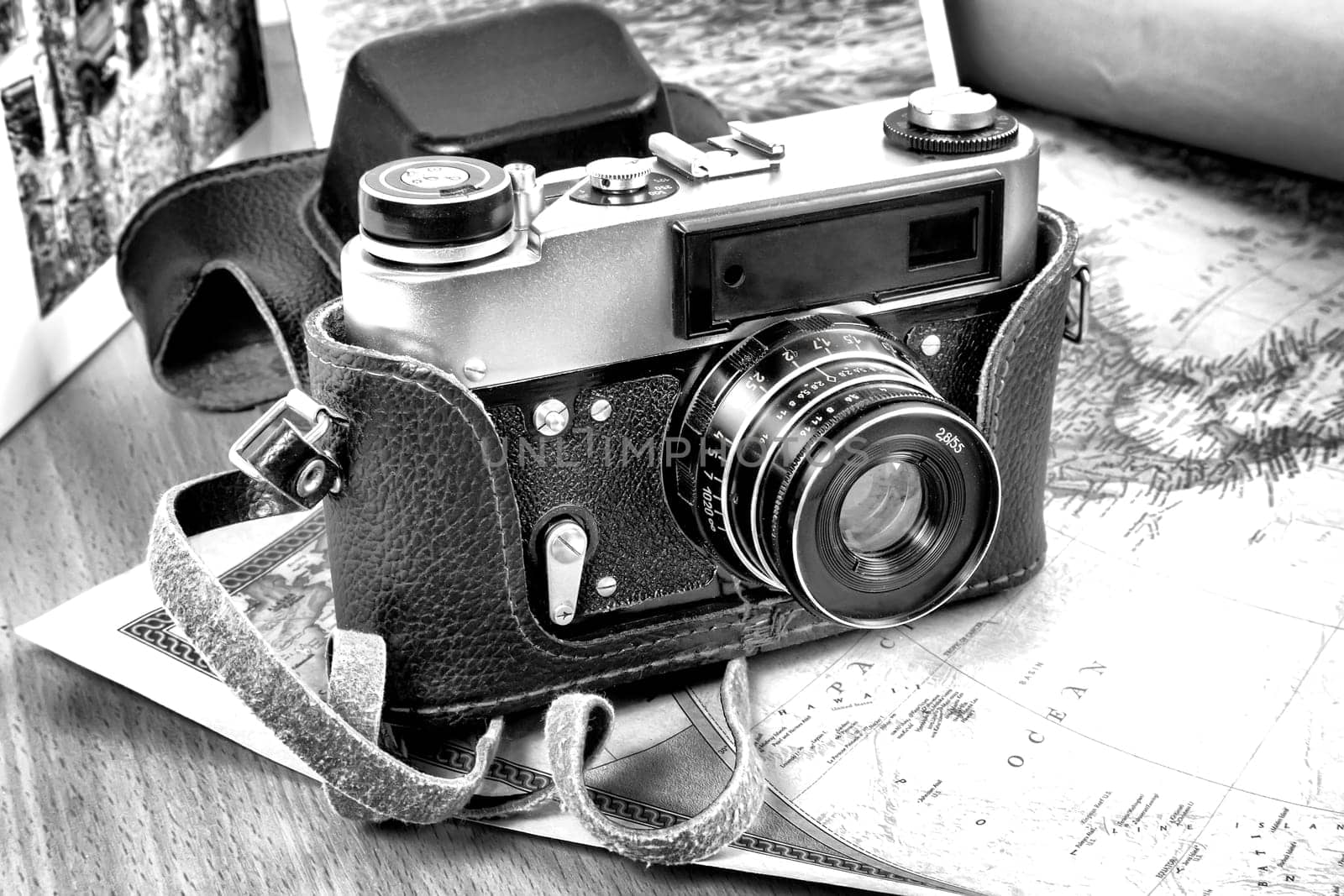 Items needed for the trip: camera, map of the world. Vintage items in retro style.