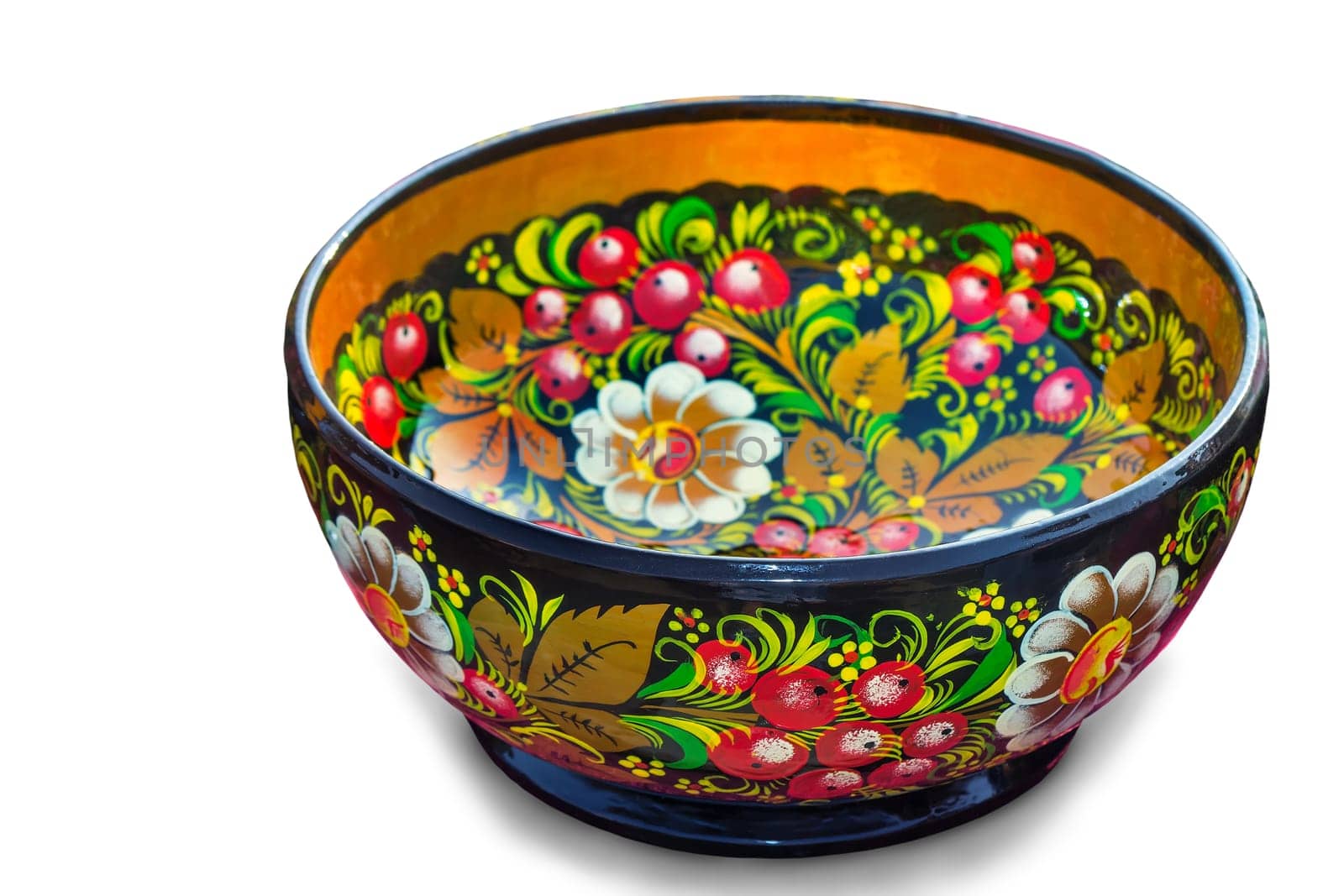 Wooden bowl with beautiful paintings in a traditional style , handmade. Presented on a white background.