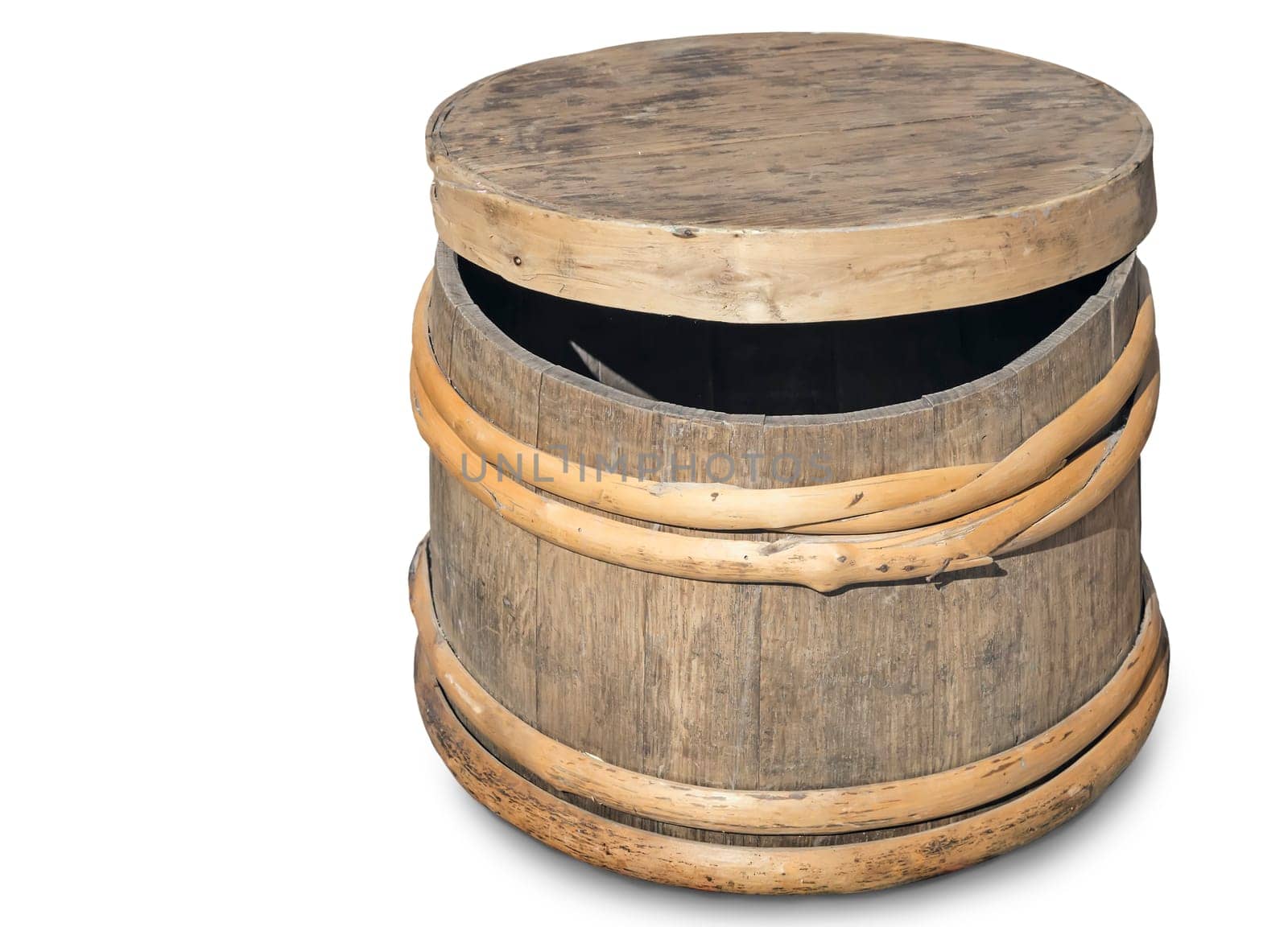 Old oak barrels with wooden hoops. Presented on a white background.