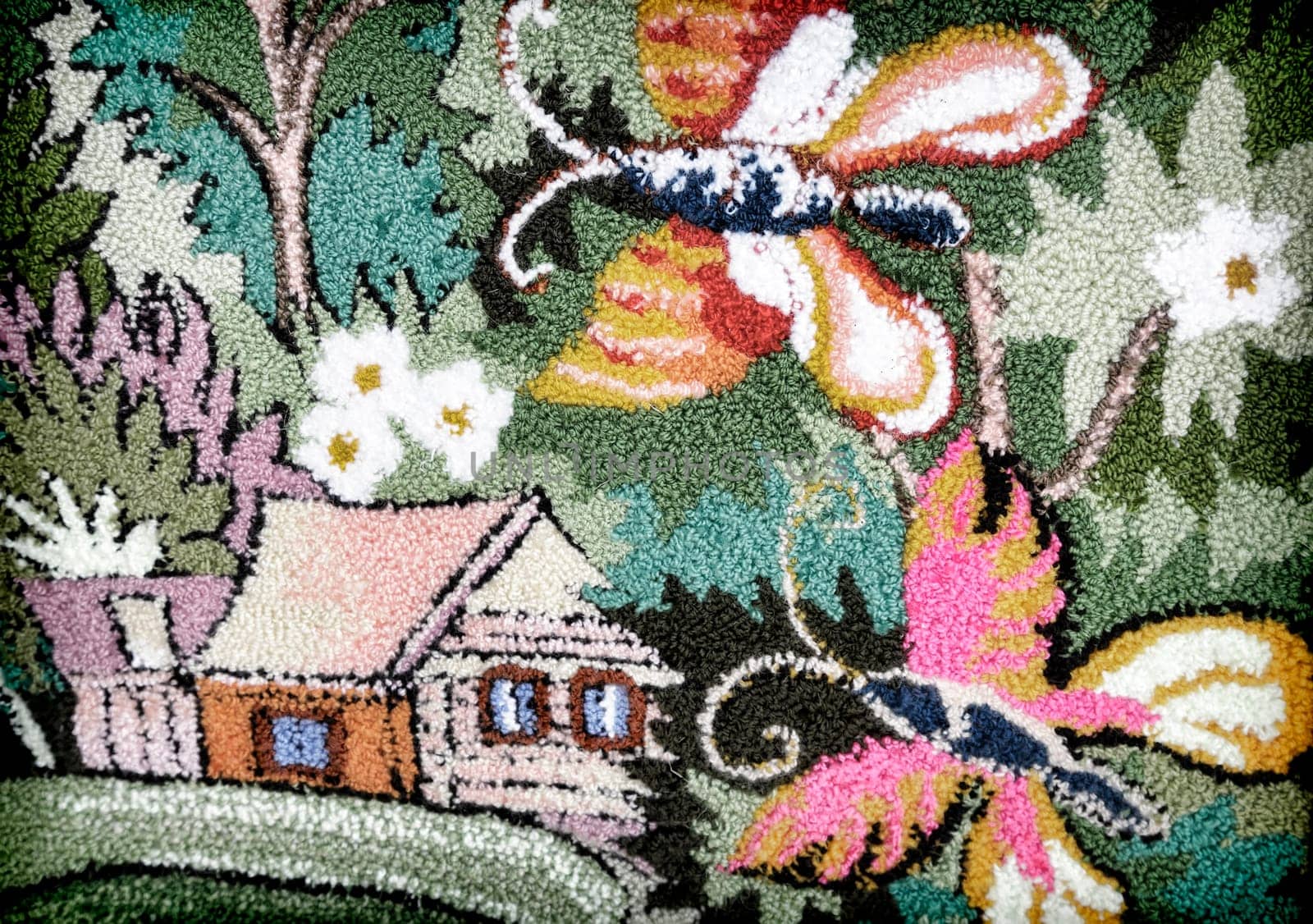 Needlework, a fragment of woven panels depicting a house and butterflies. by georgina198