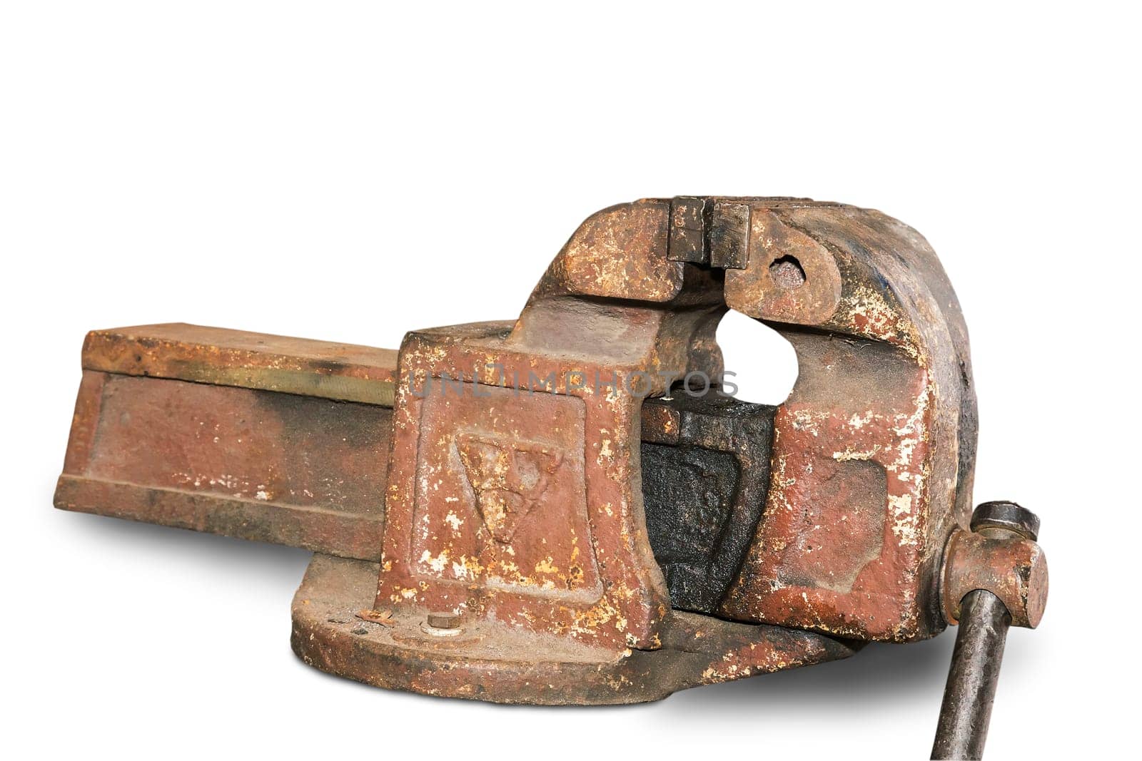 Large vintage cast iron vise for a variety of types of technical work. Presented on a white background.