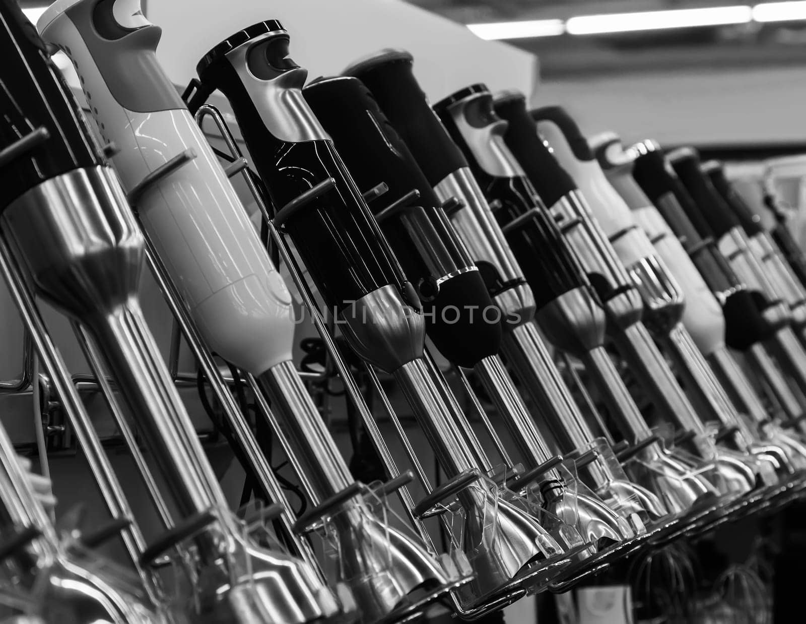 Blenders in the shop window. Black-and-white image. by georgina198