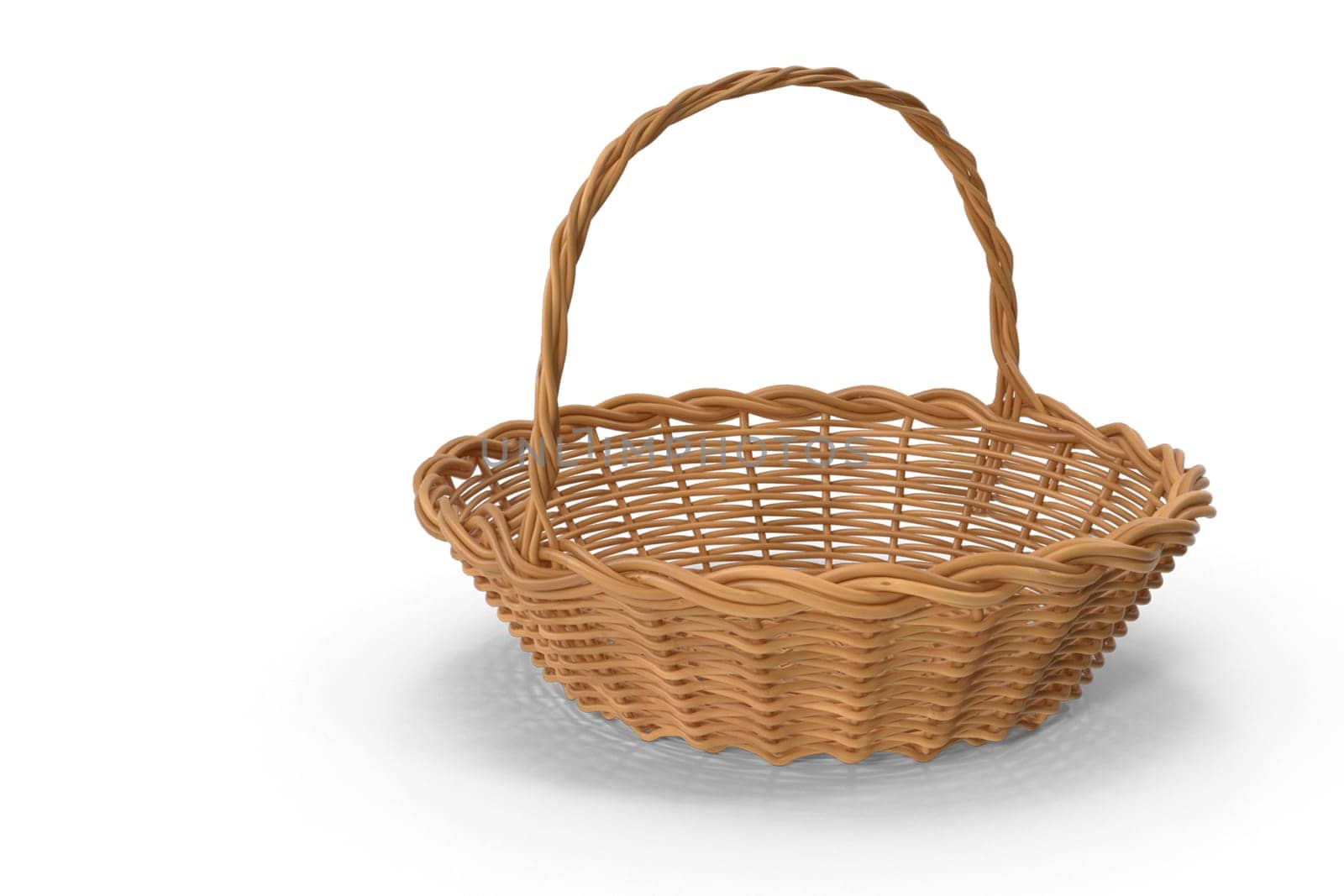 Spacious wicker basket with handle. Presented on a white background.