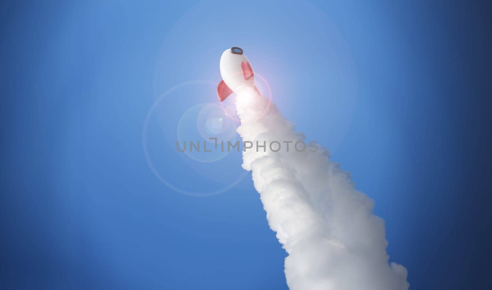 White rocket at high speed flies into space against blue sky background. Fast banking payment concept