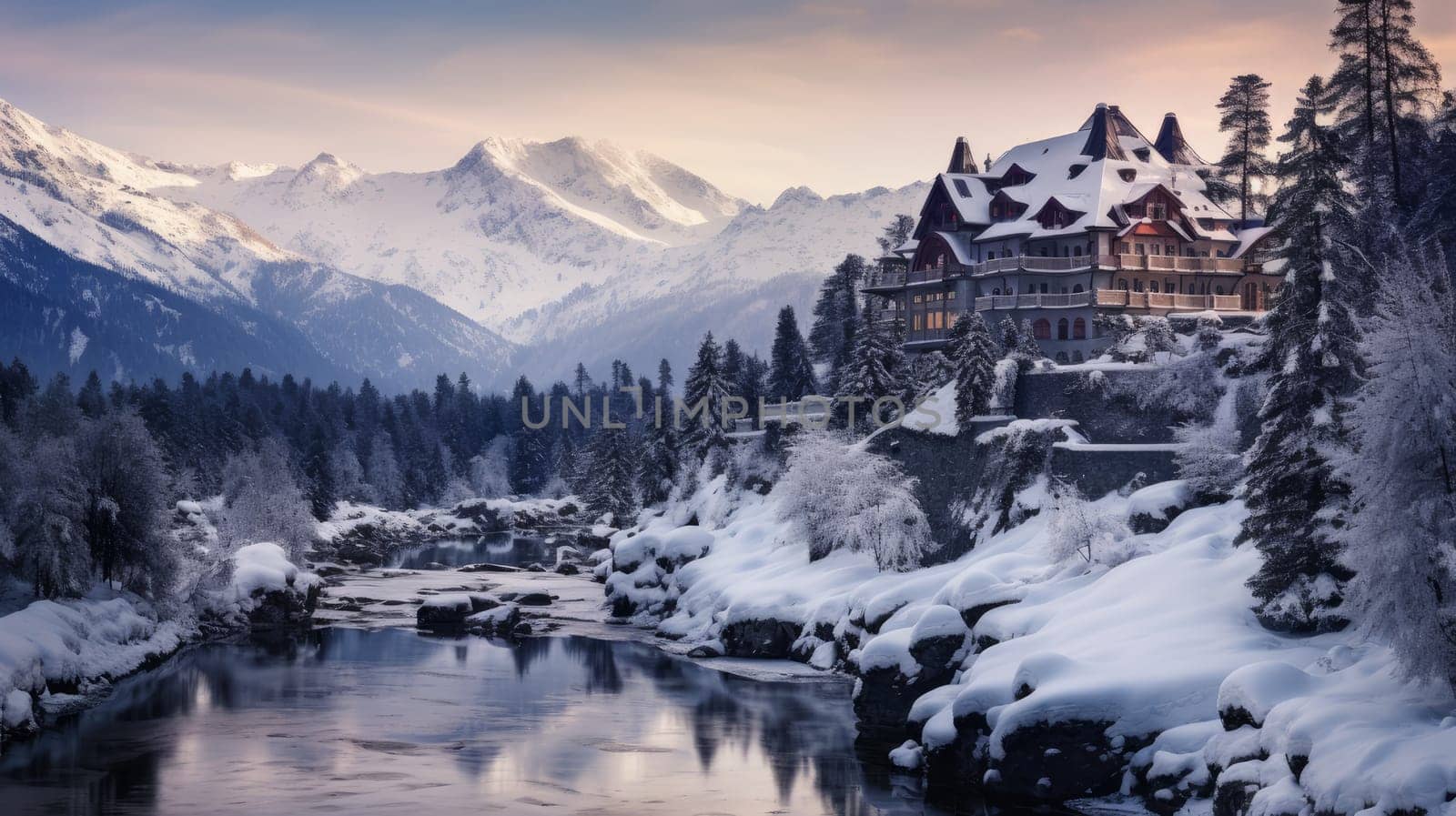 Picturesque, beautiful winter landscape of mountains and forest, snow-covered valley with a large hotel in privacy. Concept of traveling around the world, recreation, winter sports, vacations, tourism in the mountains and unusual places.