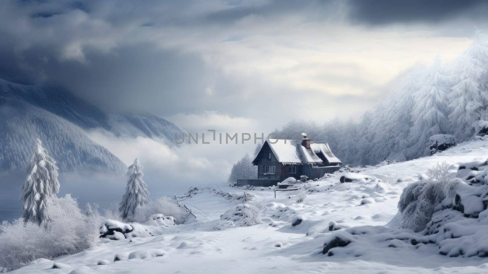 Picturesque, beautiful winter landscape of mountains and forest, snow-covered valley with a small house for privacy. Concept of traveling around the world, recreation, winter sports, vacations, tourism in the mountains and unusual places.