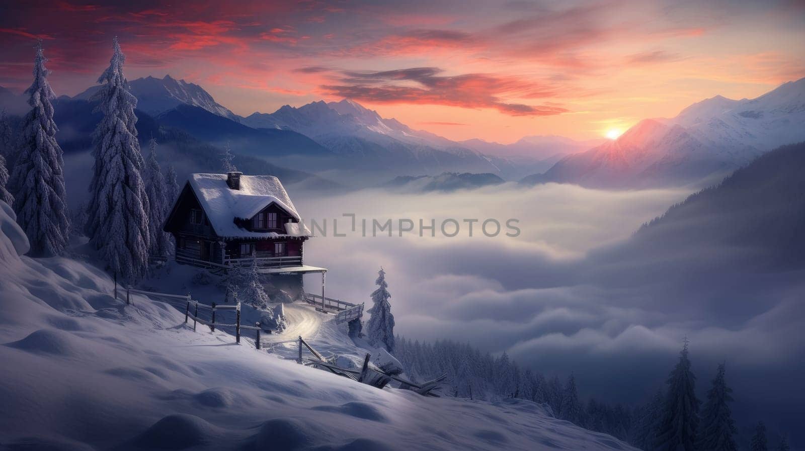 Winter landscape of mountains and forest, snow-covered valley with a small house secluded in the pink rays of the sunset. Concept of traveling around the world, recreation, winter sports, vacations, tourism in the mountains and unusual places.