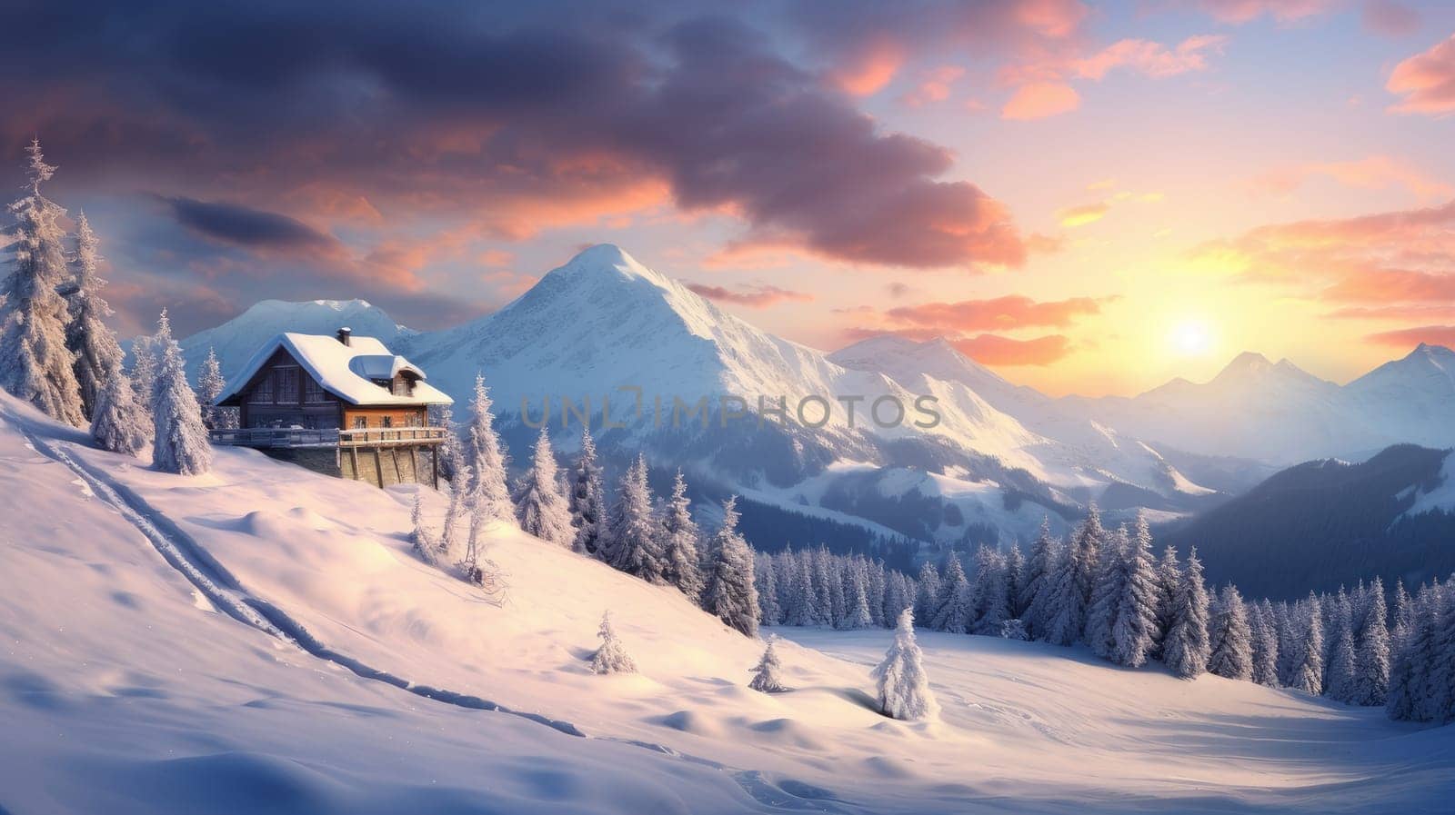 Winter landscape of mountains and forest, snow-covered valley with a small house secluded in the pink rays of the sunset. Concept of traveling around the world, recreation, winter sports, vacations, tourism in the mountains and unusual places.