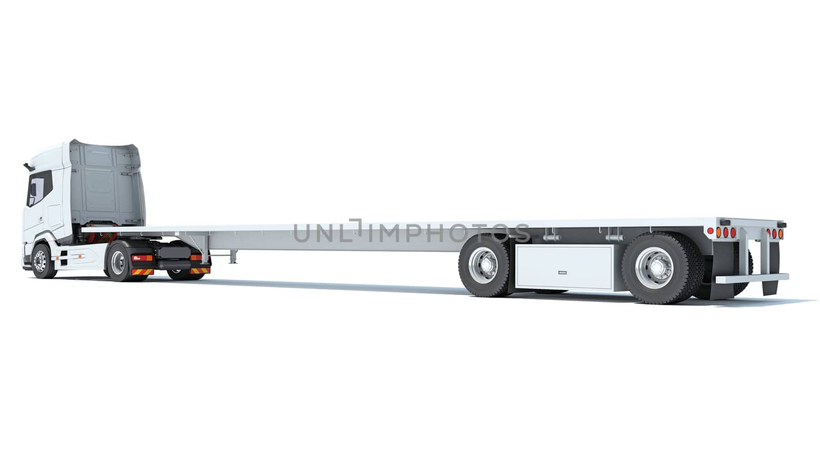 Truck with flatbed trailer 3D rendering model on white background