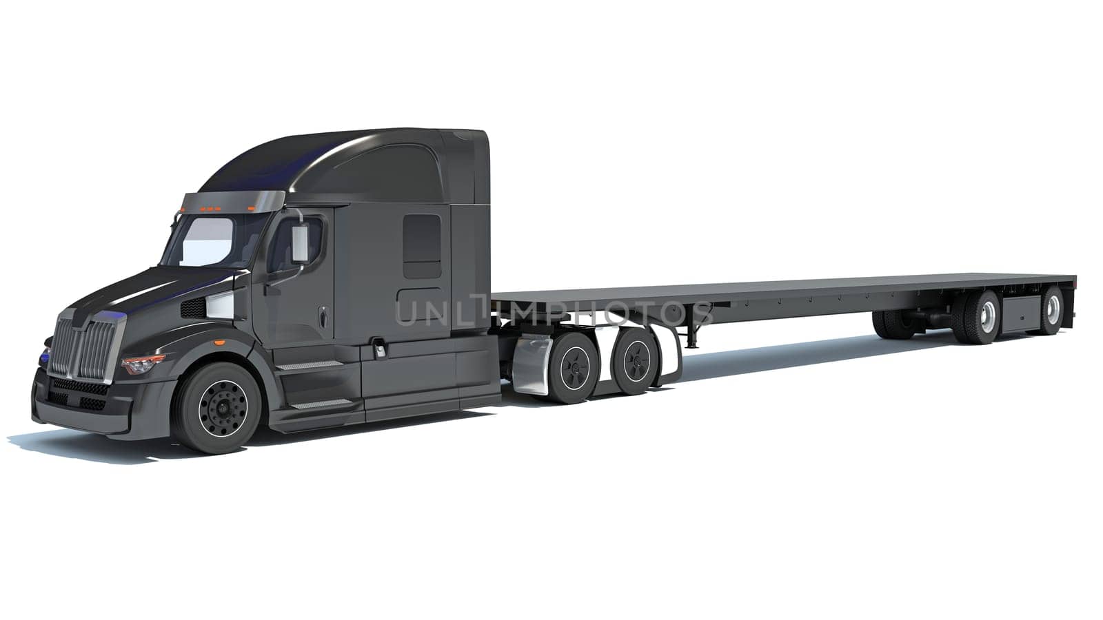 Truck with flatbed trailer 3D rendering model on white background