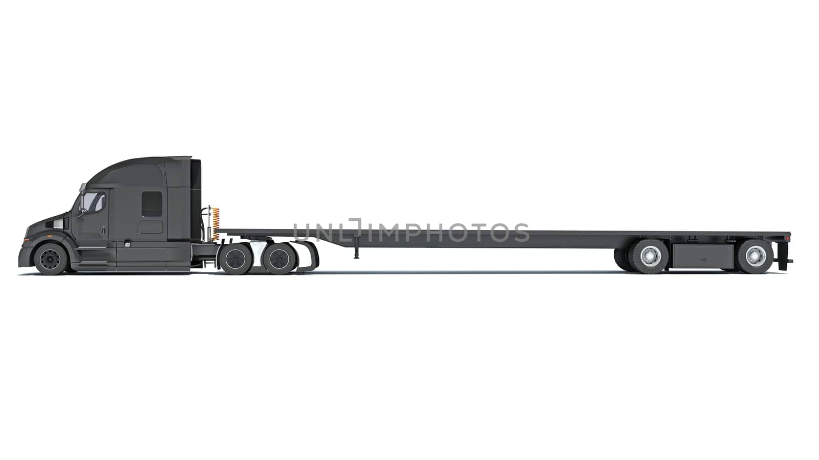 Truck with flatbed trailer 3D rendering model on white background