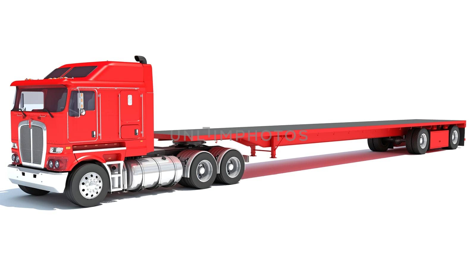 Truck with flatbed trailer 3D rendering model on white background