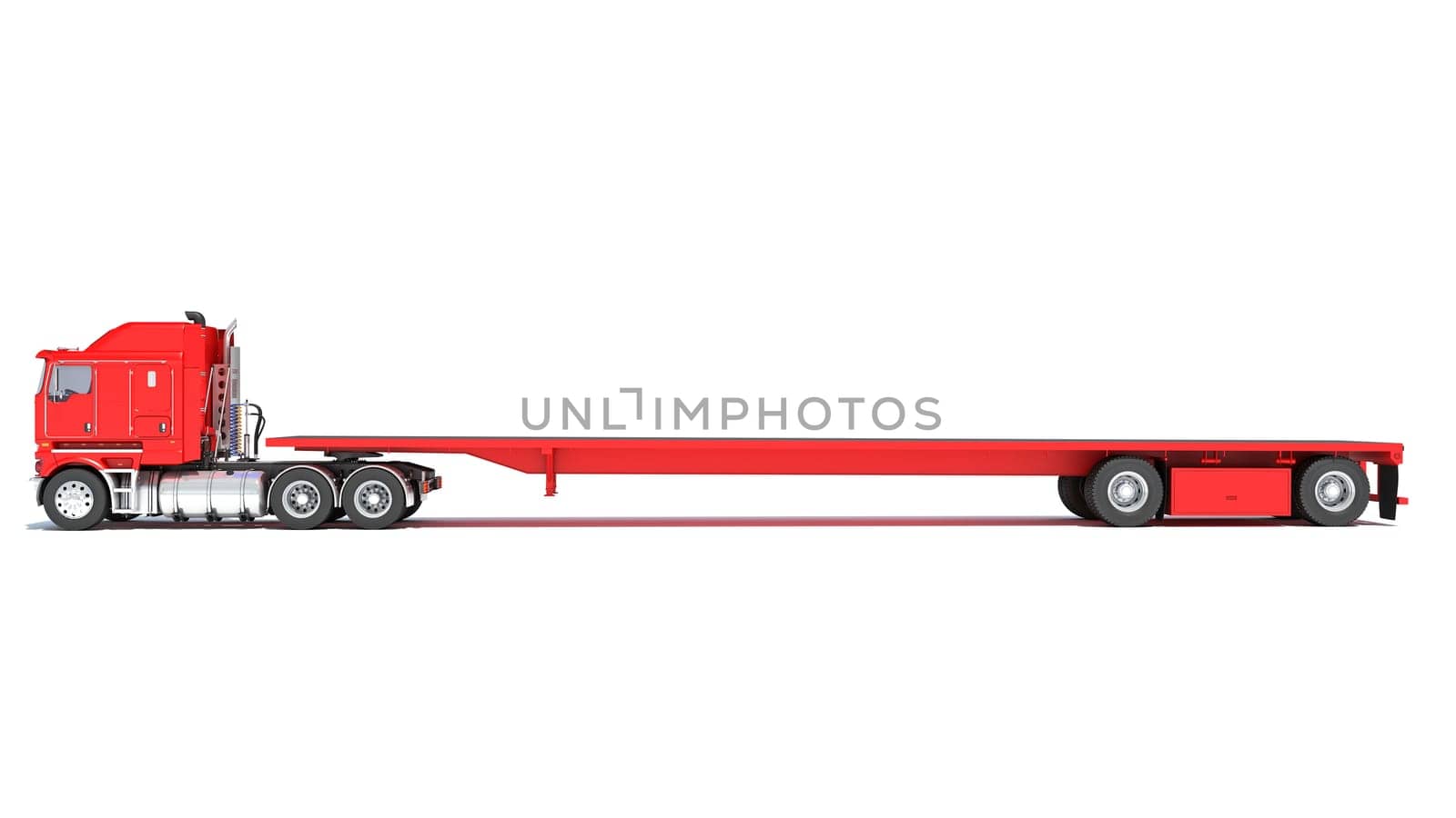 Truck with flatbed trailer 3D rendering on white background by 3DHorse