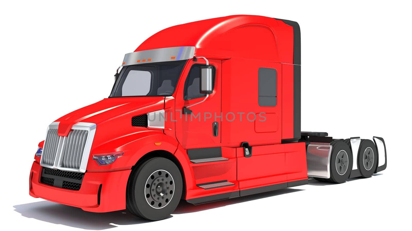 Red Semi Truck 3D rendering model on white background