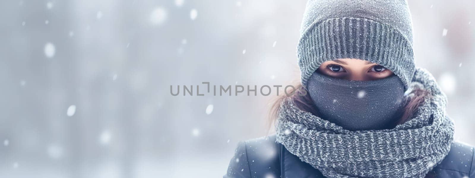 portrait of young woman in winter clothes during snowfall, banner with copy space.