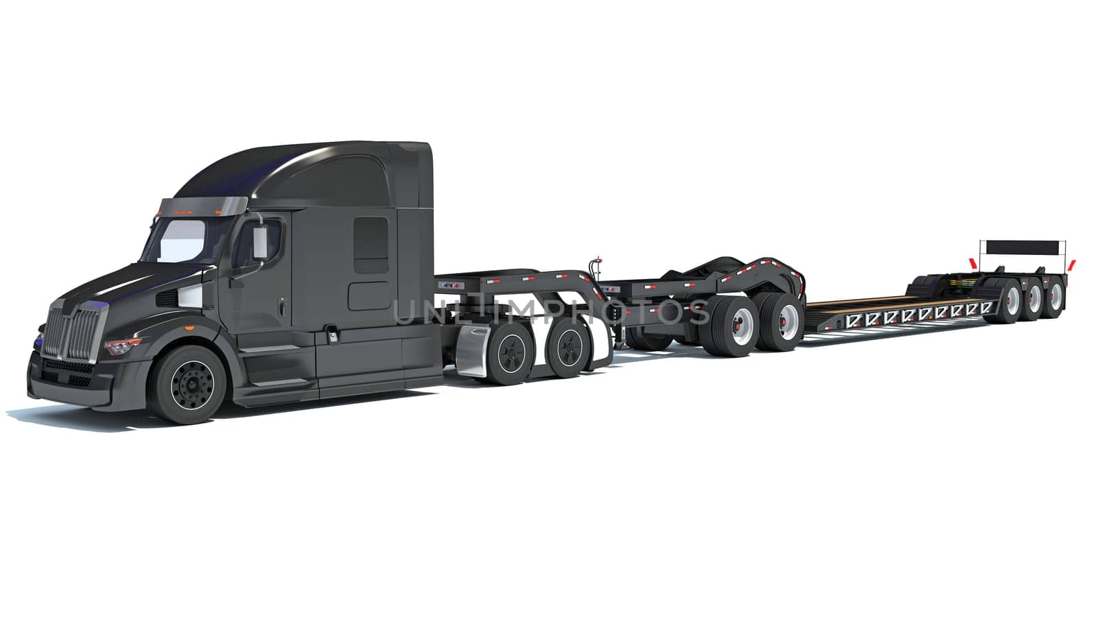 Truck with flatbed trailer 3D rendering on white background by 3DHorse