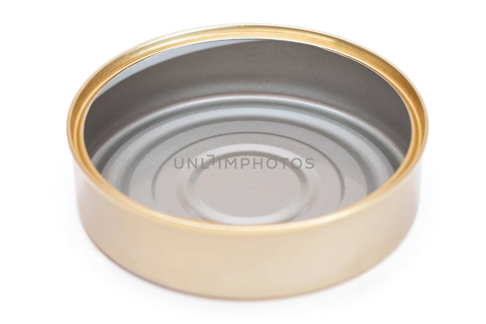 Opened Empty Tin Can Isolated on White Background. Clean Used Aluminum Can - Isolation. Non-Degradable Inorganic Waste