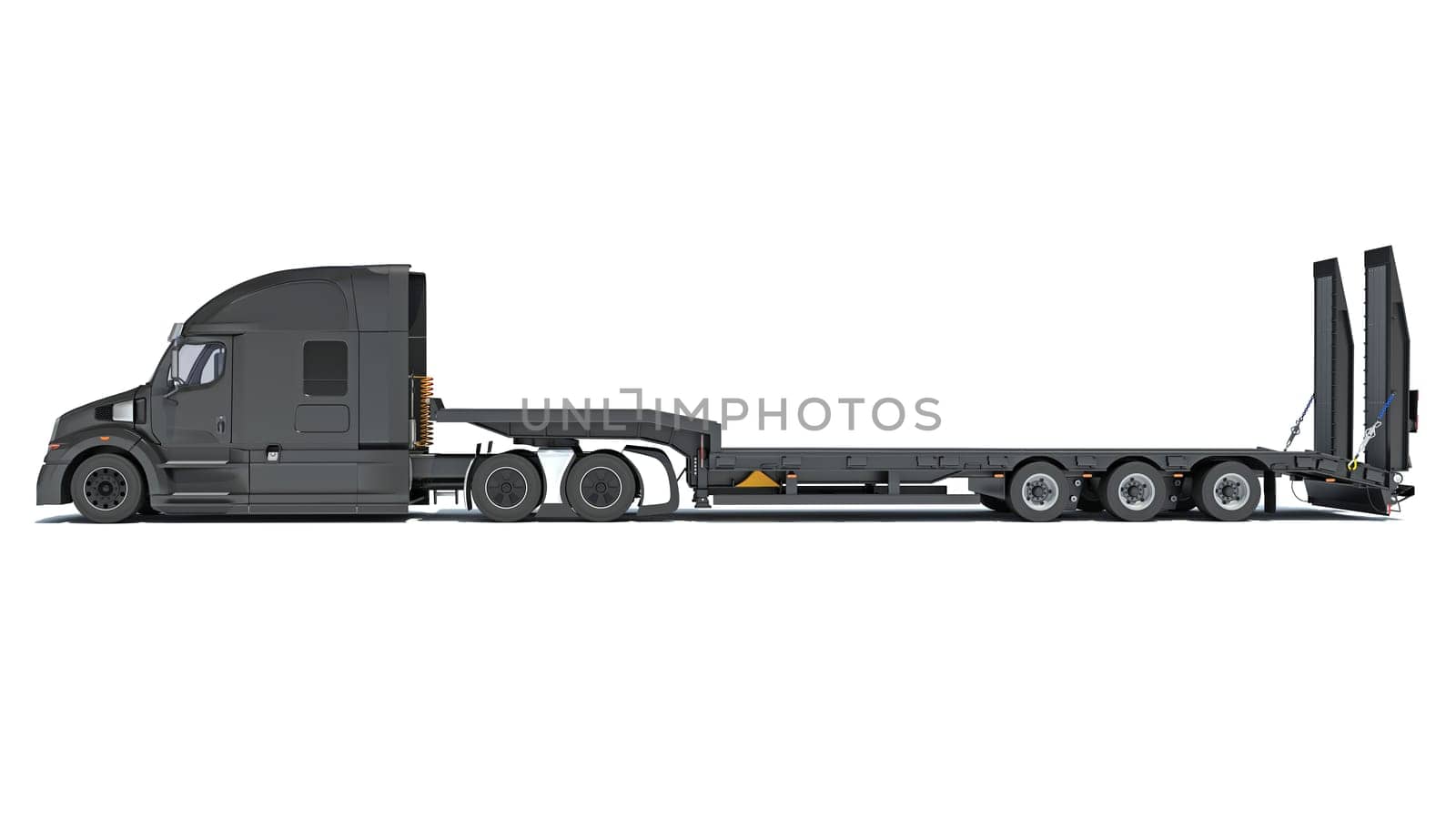 Truck with flatbed trailer 3D rendering model on white background