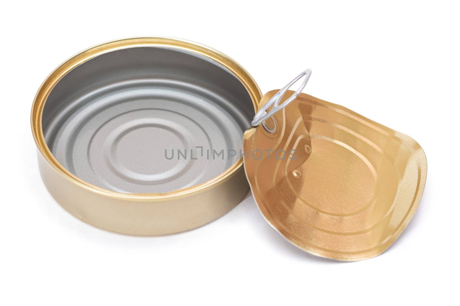 Opened Empty Tin Can With Broken Cover Isolated on White Background. Clean Used Aluminum Can - Isolation. Non-Degradable Inorganic Waste