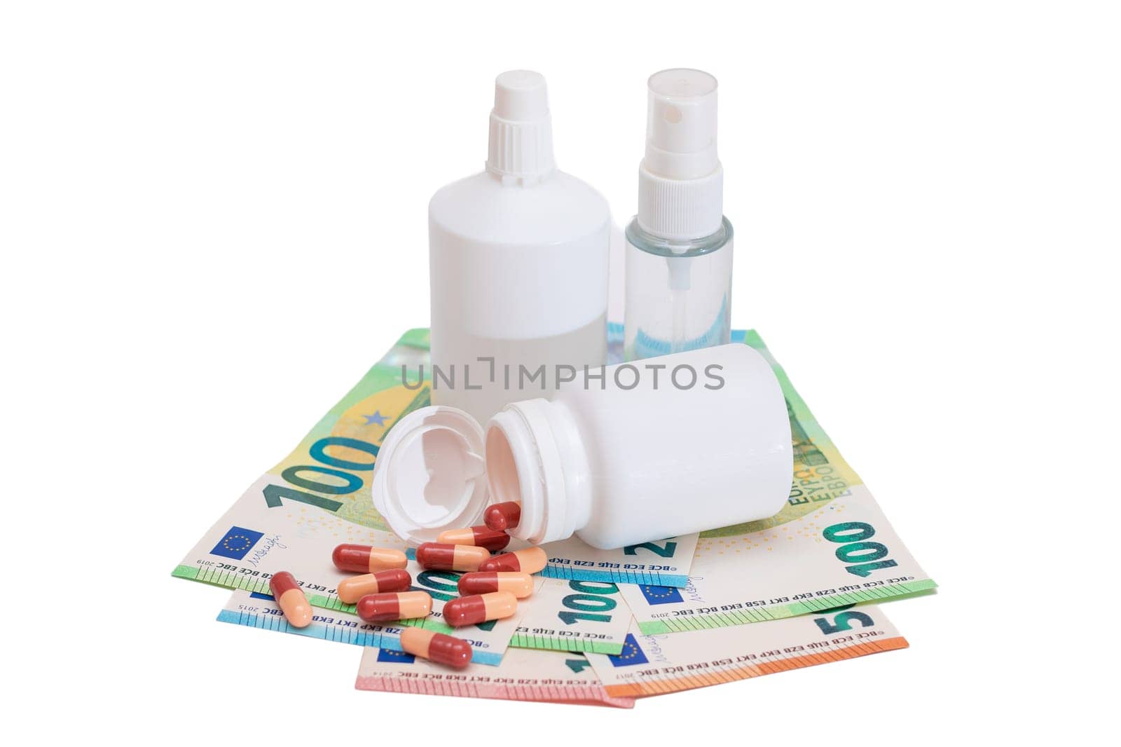Different Bottles with Pills, Capsules and Medicines on the Euro Banknotes by InfinitumProdux