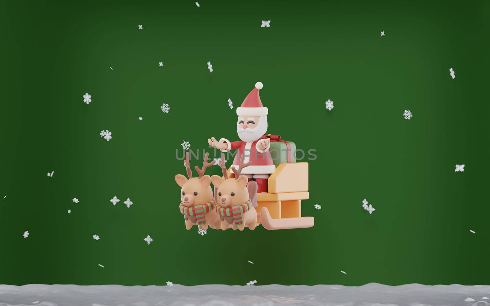 Merry Christmas and Happy New Year, Santa Claus on a sleigh by 2 reindeer, 3d rendering with green background and white Snow covered, 3d rendering illustration. by meepiangraphic