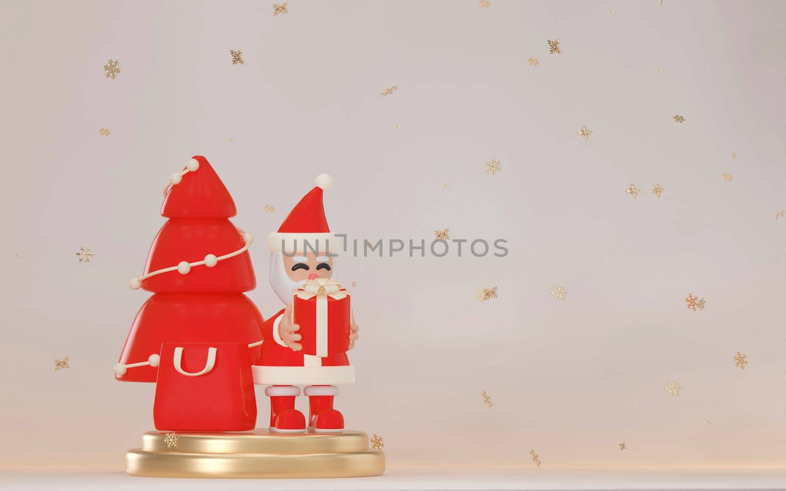 3D rendering, Santa Claus holding red gift and christmas tree on glod stand with white background and Snow covered, 3d rendering illustration..