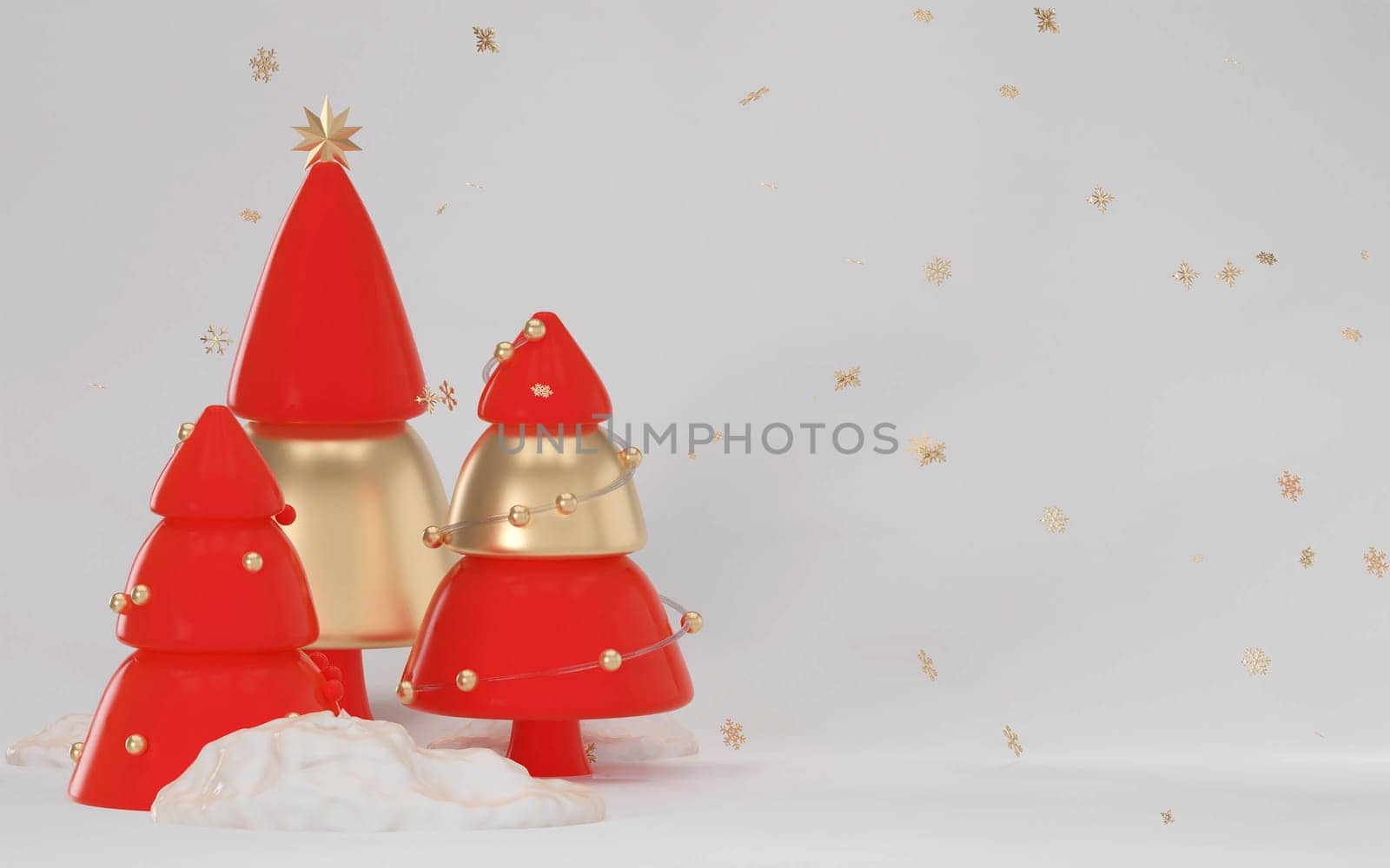 Christmas trees in snow drifts festive realistic 3d new year composition. white background. 3D rendering illustration..
