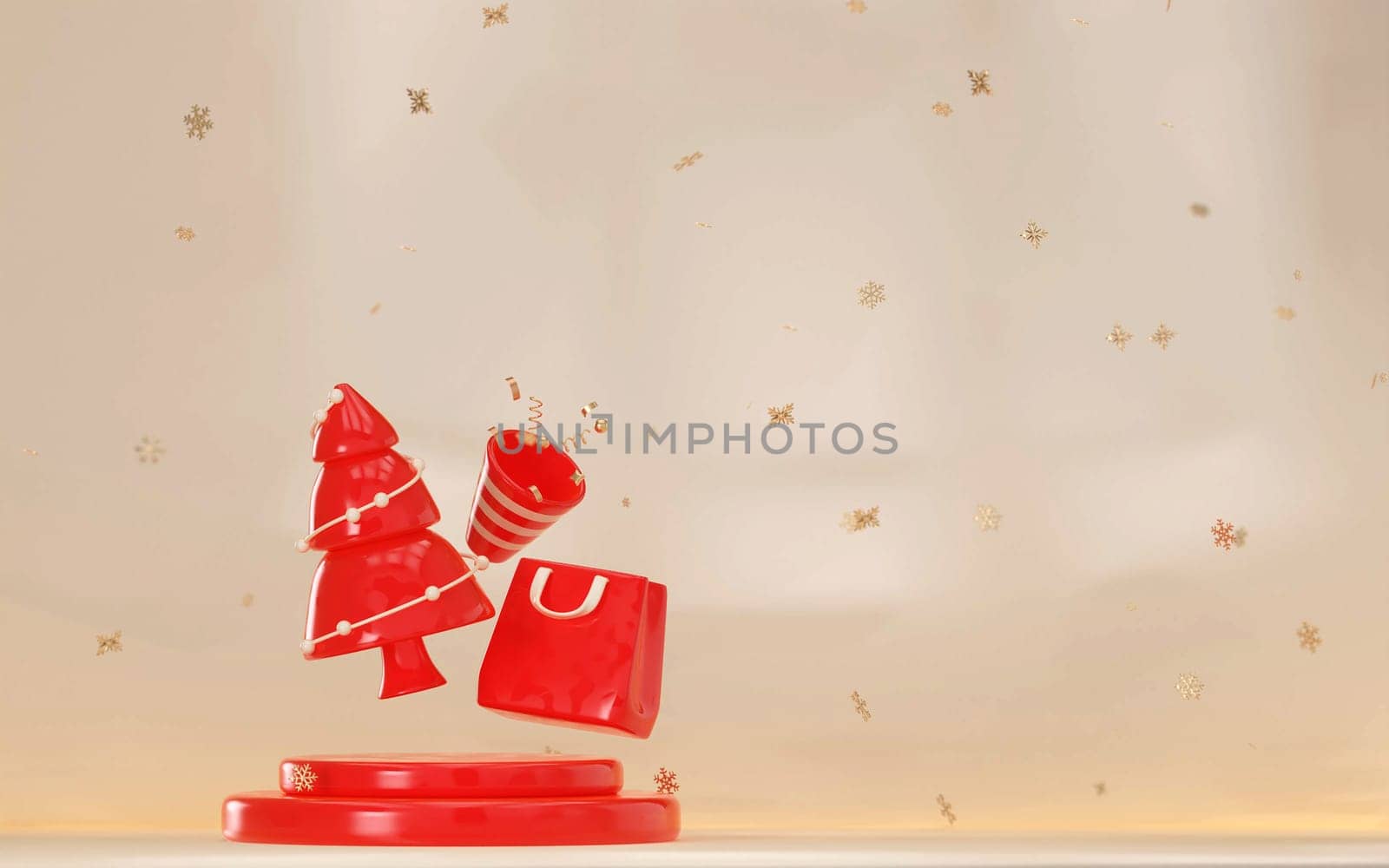 3D rendering, christmas tree,red bag and red party popper on red stand with light yellow background and Snow covered for New Year winter banner..