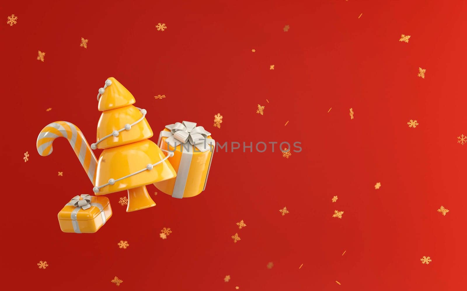 3d render of christmas tree, candy christmas, yellow gift, with red background and gold Snow covered, New Year winter banner. 3d rendering illustration. by meepiangraphic