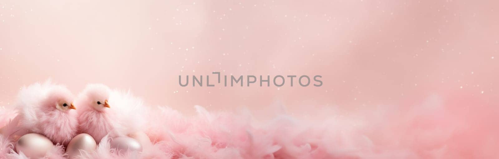 Enchanting, pink Easter background with eggs, two cute birds, glitter and copy space for text. Soft color. Tranquil, joyful scene. Perfect for holiday-themed designs. Panoramic banner. Generative AI