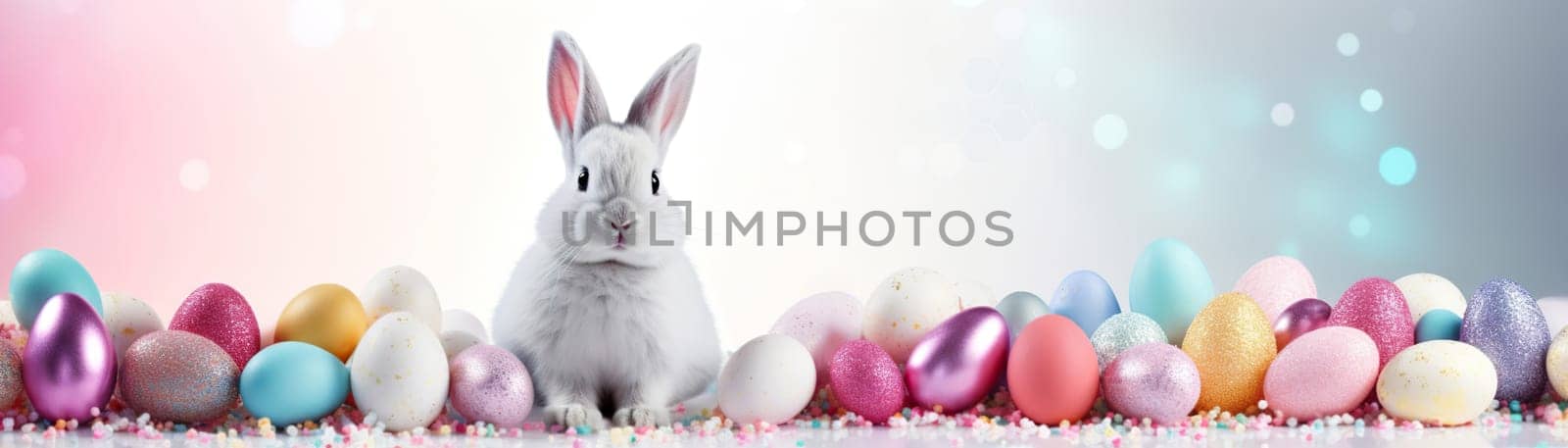 Beautiful Easter background with eggs, glitter, cute bunny and copy space for text. Soft, pastel colors. Tranquil and joyful scene. Perfect for holiday-themed designs. Panoramic banner. Generative AI
