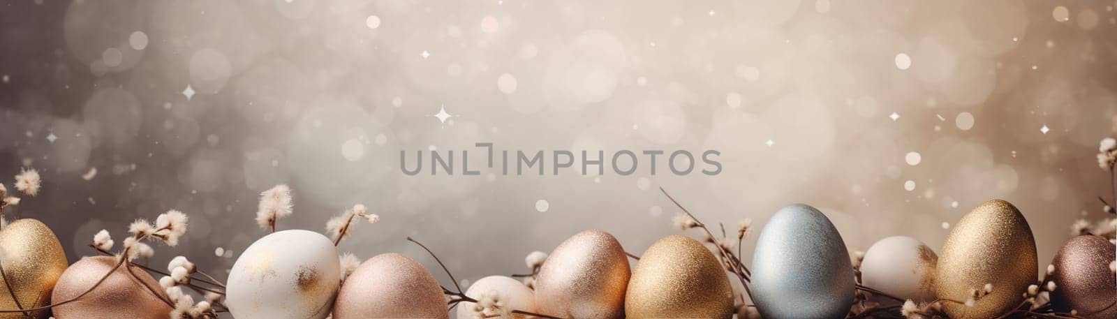 Natural Easter background with eggs, plants and copy space. Soft, warm colors. Perfect for spring themes, Easter content, and rustic or minimalist design projects. Panoramic banner. Generative AI